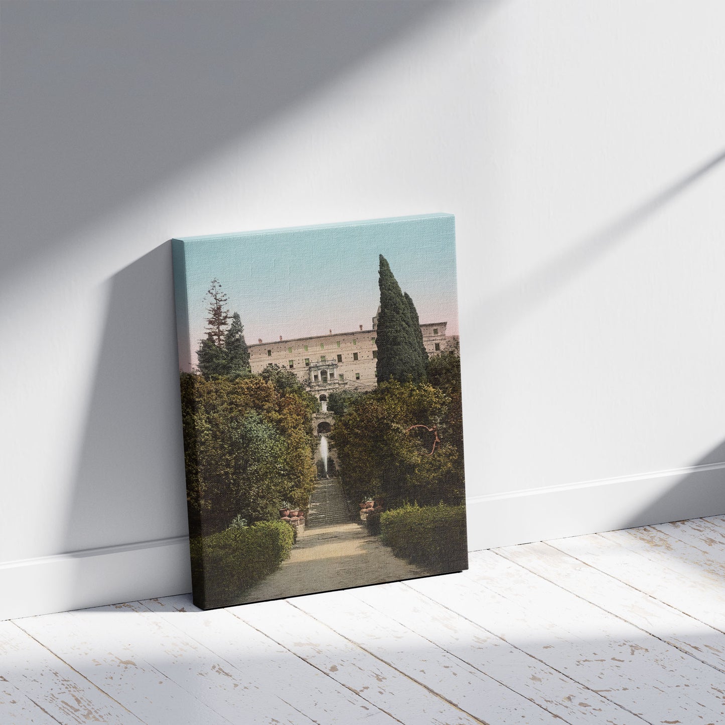 A picture of Tivoli. Villa d'Este. Vista del Parco dei Cardinali, a mockup of the print leaning against a wall