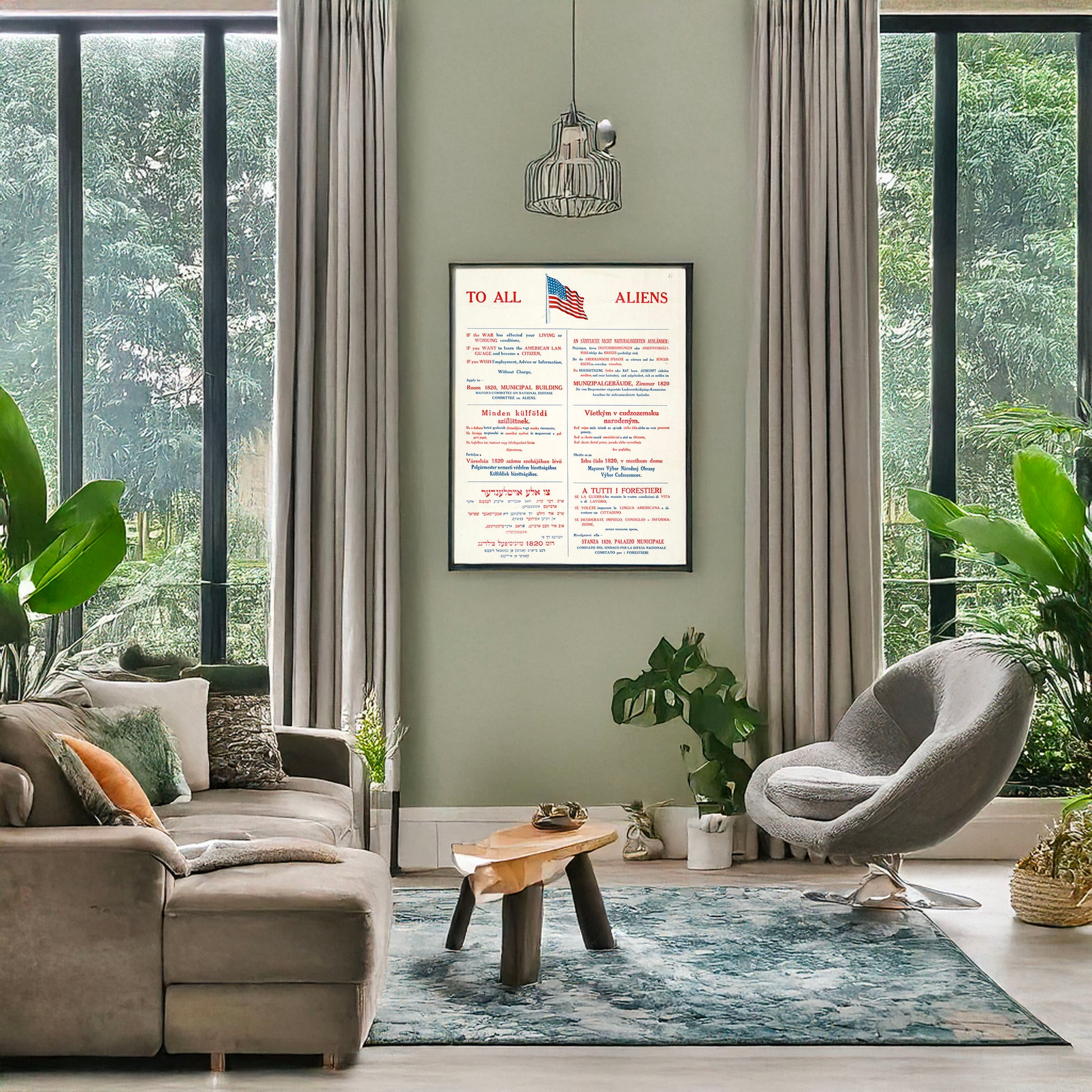 A picture of To all aliens, a mockup of the print leaning against a wall