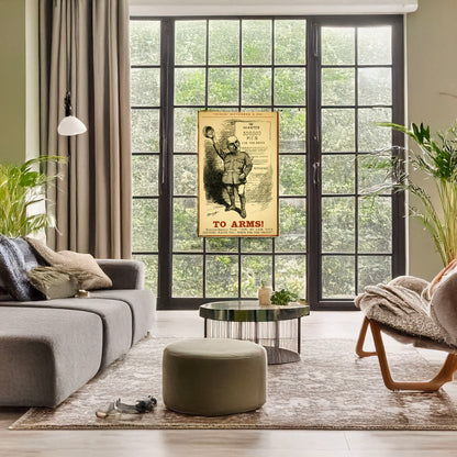 A picture of To arms!, a mockup of the print leaning against a wall