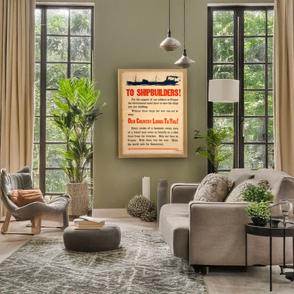 A picture of To shipbuilders! ... Our country looks to you!, a mockup of the print leaning against a wall