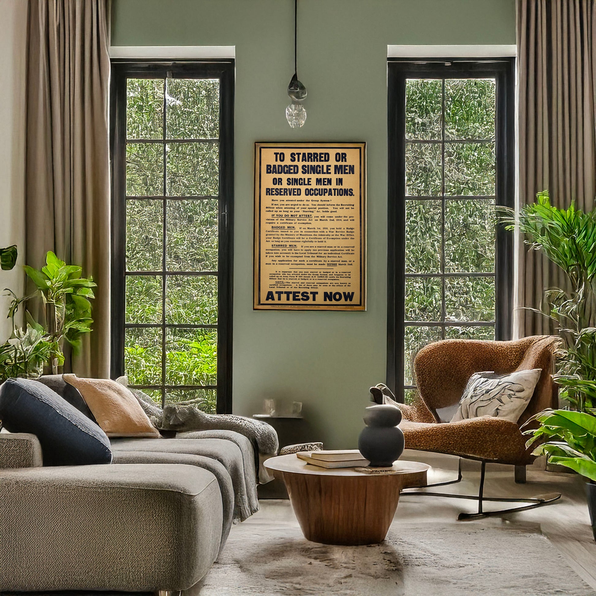 A picture of To starred or badged single men or single men in reserved occupations. Have you attested under the group system? ... Attest now, a mockup of the print leaning against a wall