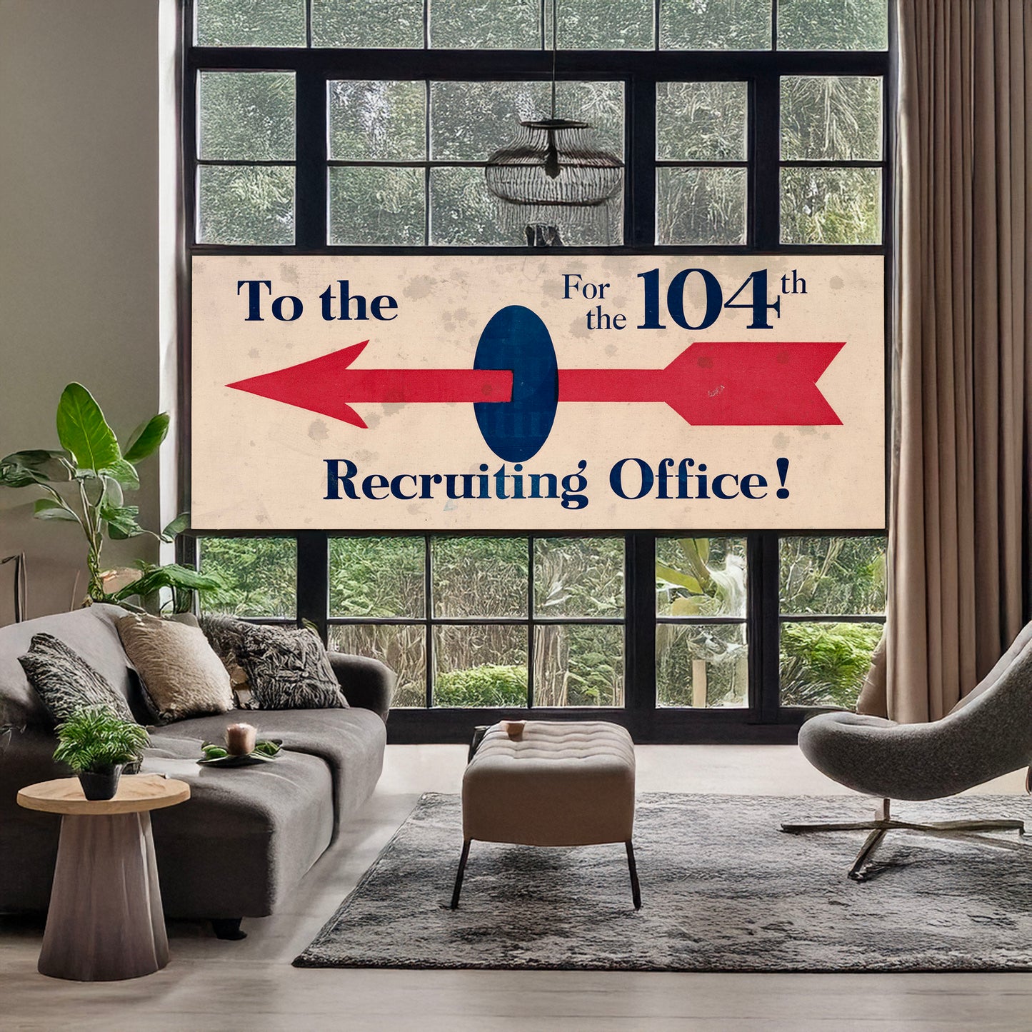 A picture of To the recruiting office! for the 104th, a mockup of the print leaning against a wall