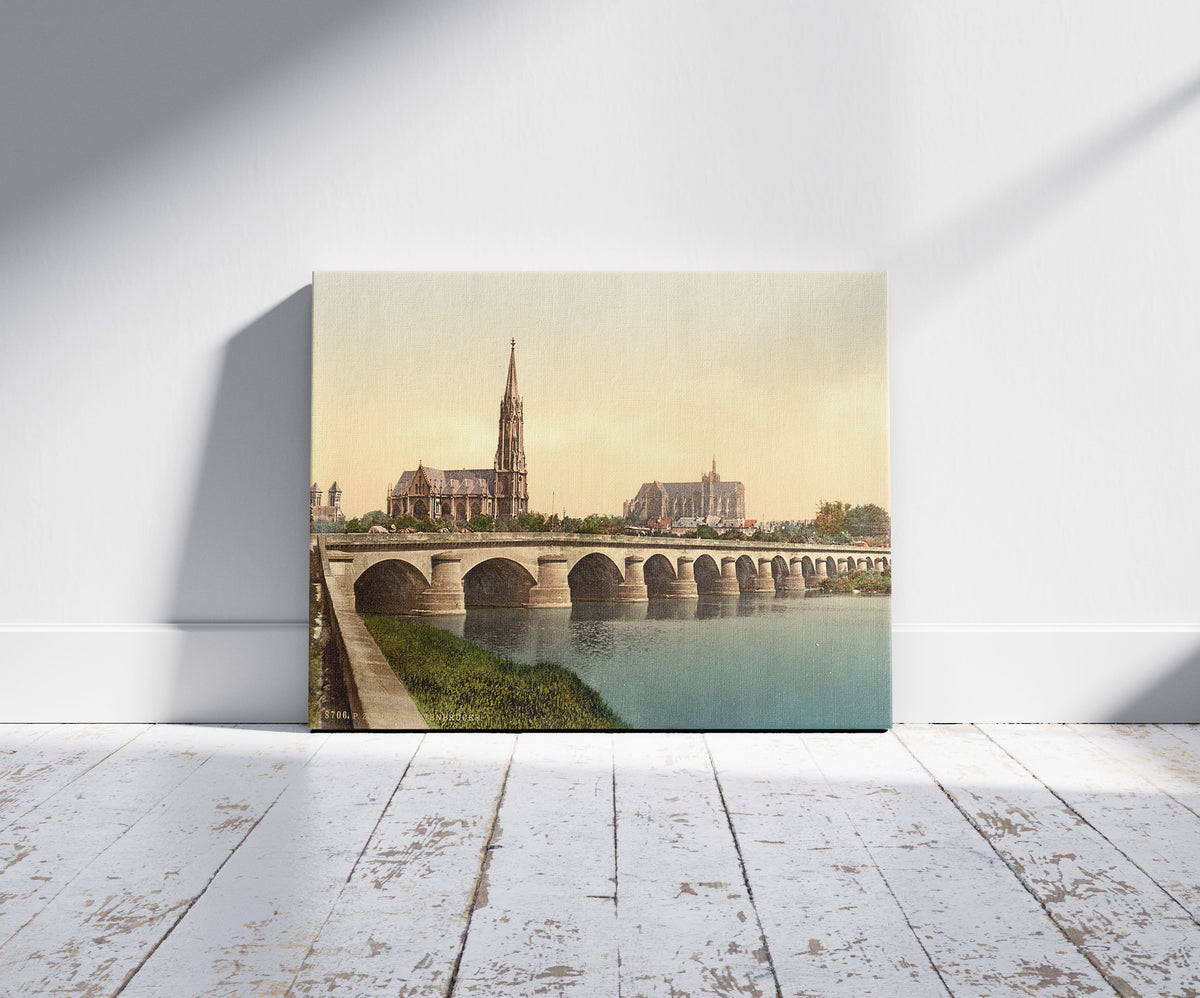 A picture of Todtenbrucke, Metz, Alsace Lorraine, Germany, a mockup of the print leaning against a wall