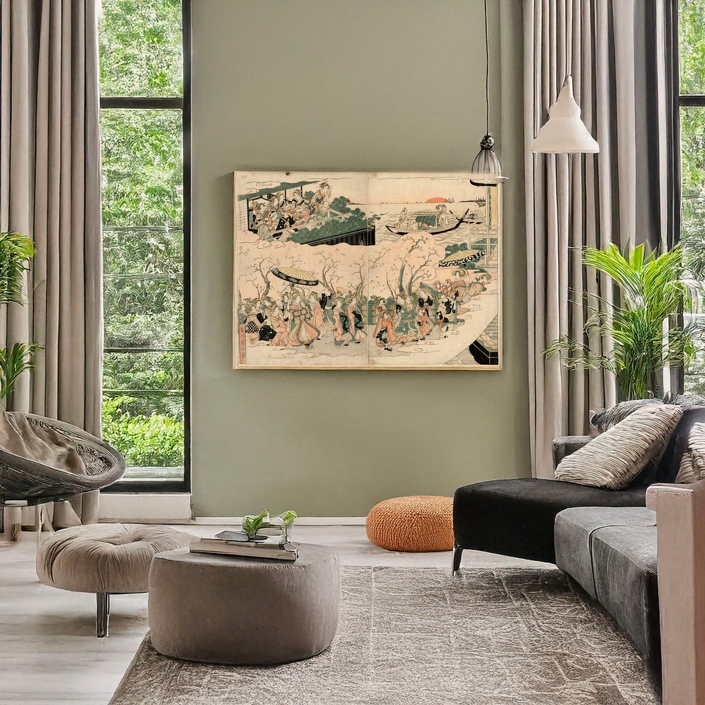 A picture of Tōjin no yoshiwara asobi, a mockup of the print leaning against a wall