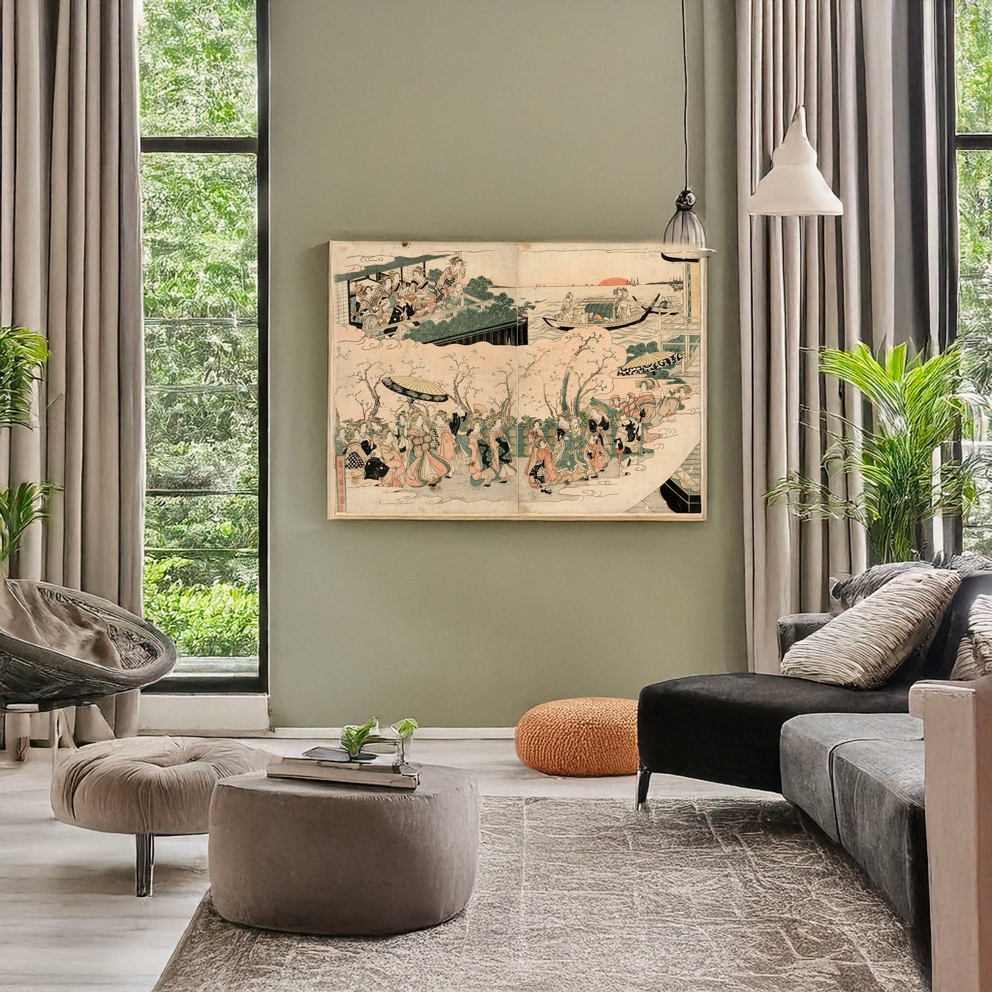 A picture of Tōjin no yoshiwara asobi, a mockup of the print leaning against a wall