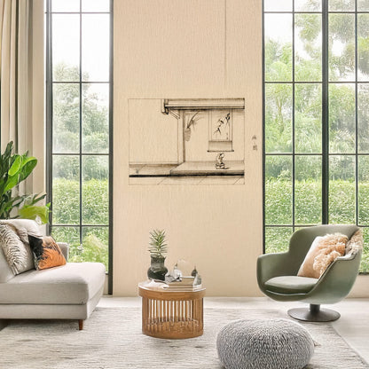 A picture of Toko i.e., an alcove with customary ornaments, a mockup of the print leaning against a wall