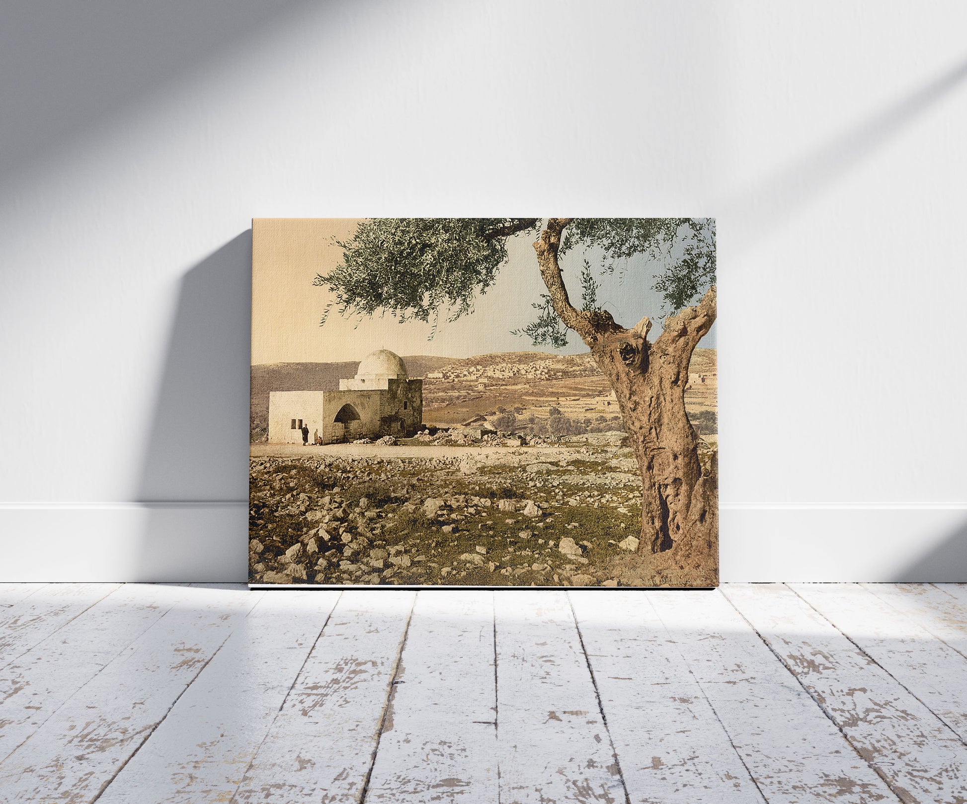 A picture of Tomb of Rachel, Jerusalem, Holy Land, a mockup of the print leaning against a wall