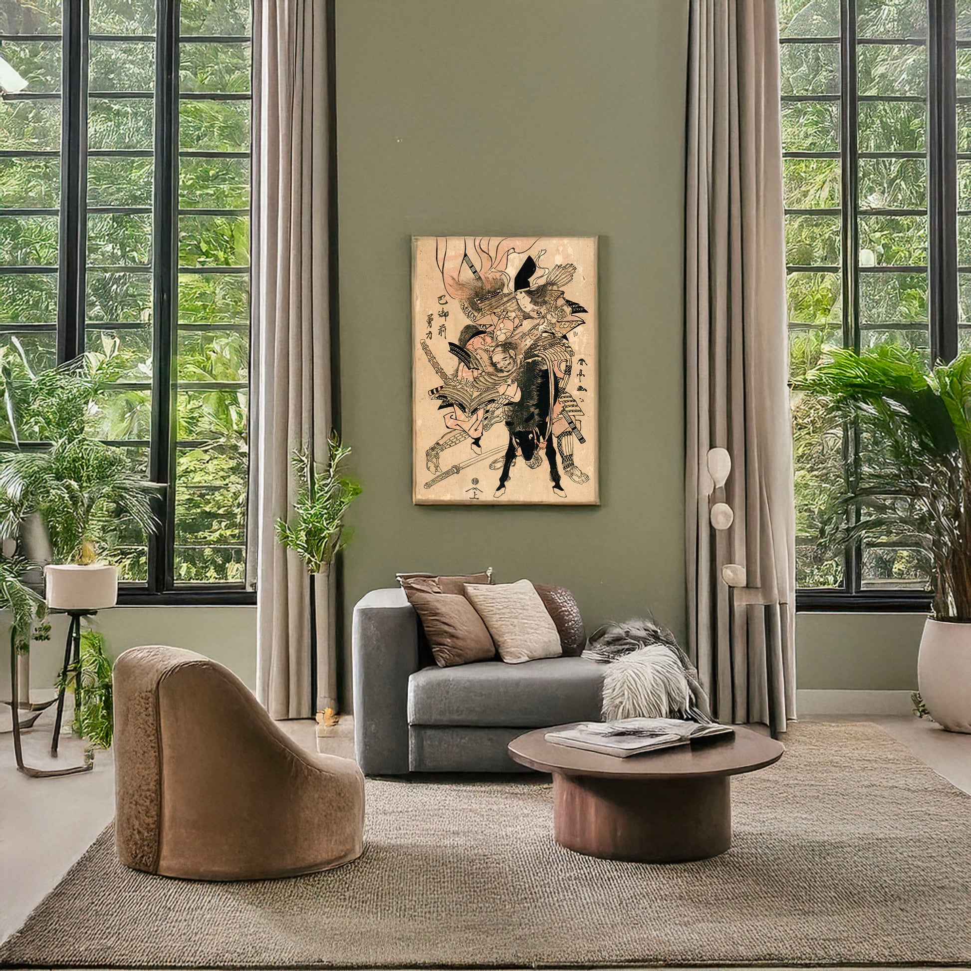 A picture of Tomoegozen yūriki, a mockup of the print leaning against a wall