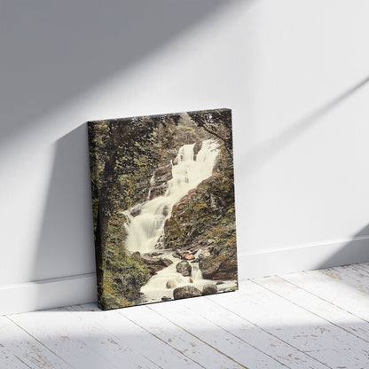 A picture of Torc Cascade, Killarney. County Kerry, Ireland, a mockup of the print leaning against a wall