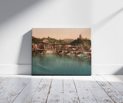 A picture of Torino, Monte dei Cappuccini e chiesa Gran Madre de Dio Turin, Italy, a mockup of the print leaning against a wall