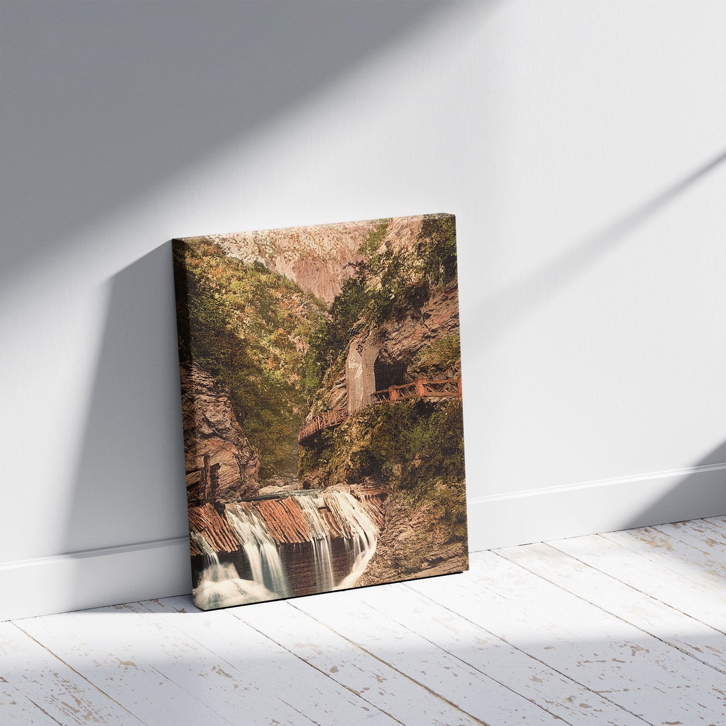 A picture of Toscolana (i.e. Toscalano) Valley, the valley, Lake Garda, Italy, a mockup of the print leaning against a wall