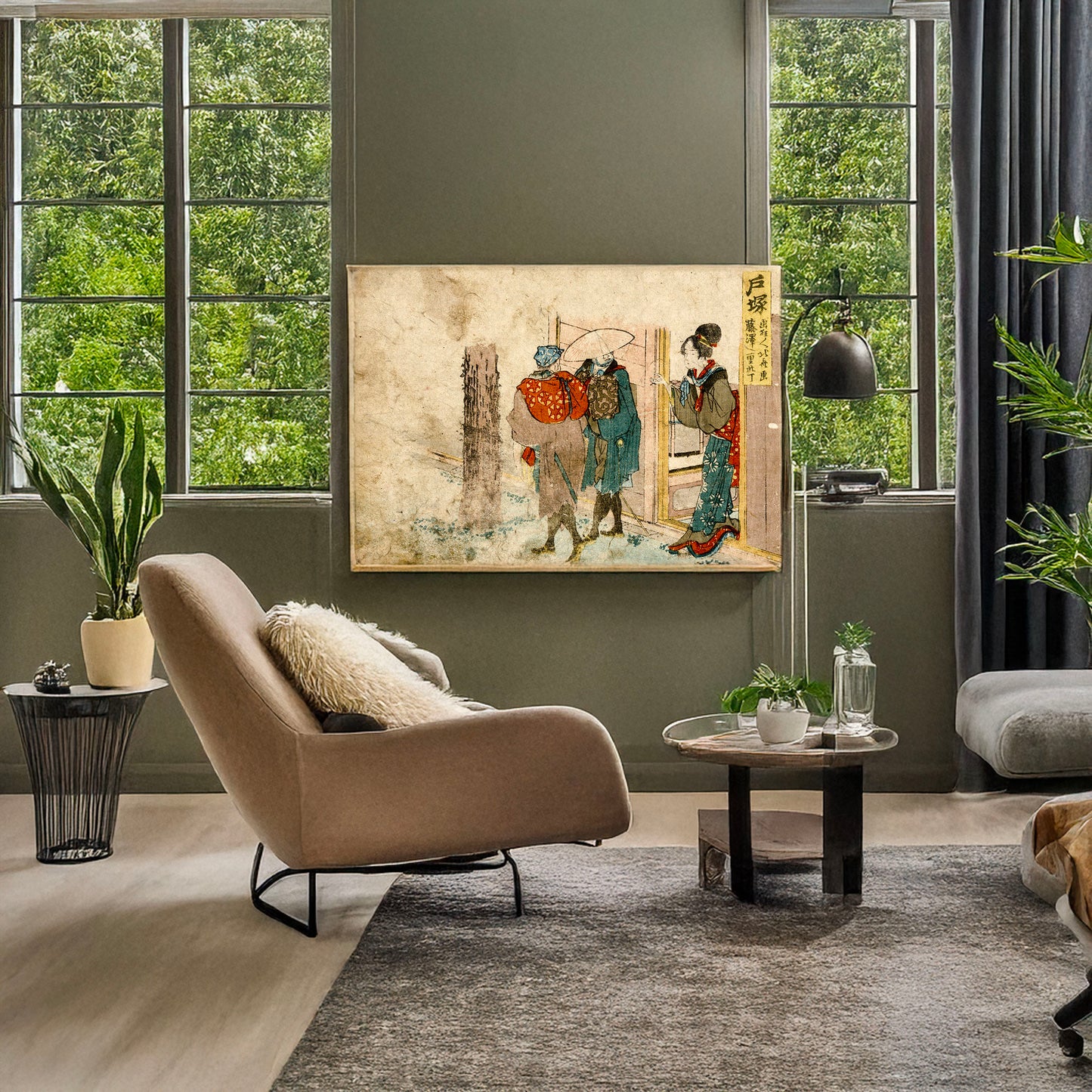 A picture of Totsuka, a mockup of the print leaning against a wall