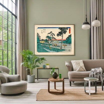 A picture of Totsuka, a mockup of the print leaning against a wall