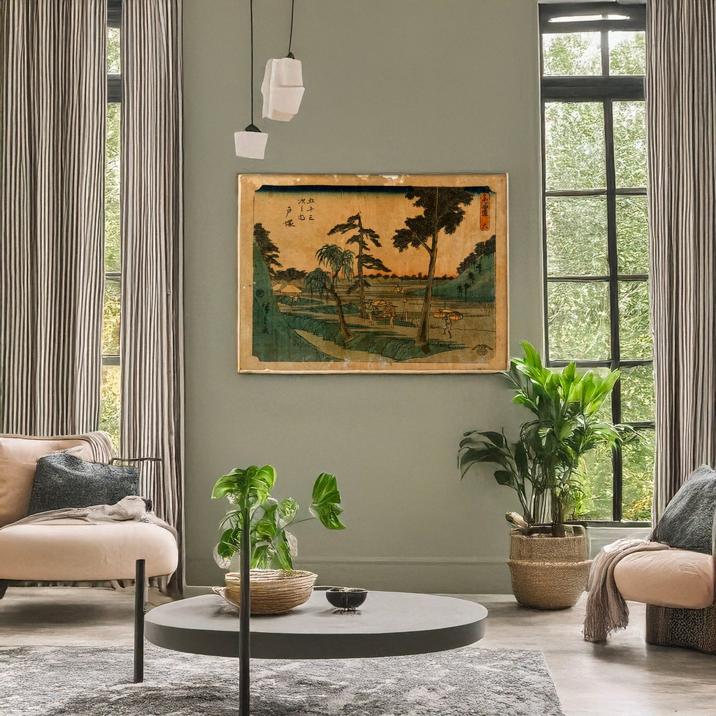 A picture of Totsuka, a mockup of the print leaning against a wall