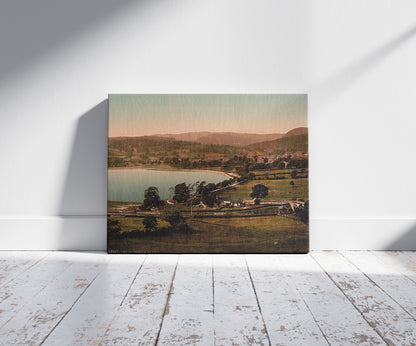 A picture of Town and lake, Bala, Wales, a mockup of the print leaning against a wall