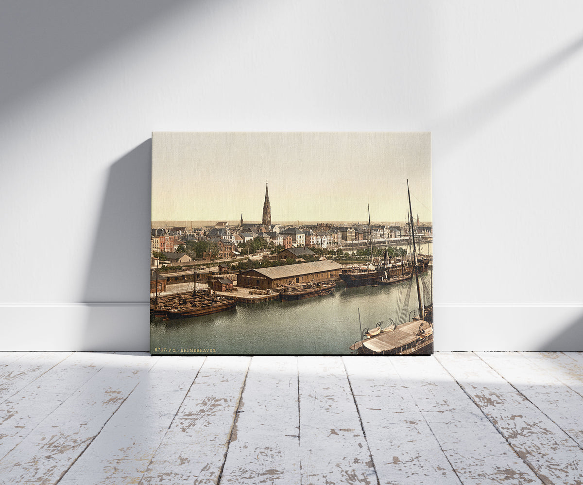 A picture of Town from the Lighthouse, Bremerhafen, Hanover (i.e. Hannover), Germany, a mockup of the print leaning against a wall
