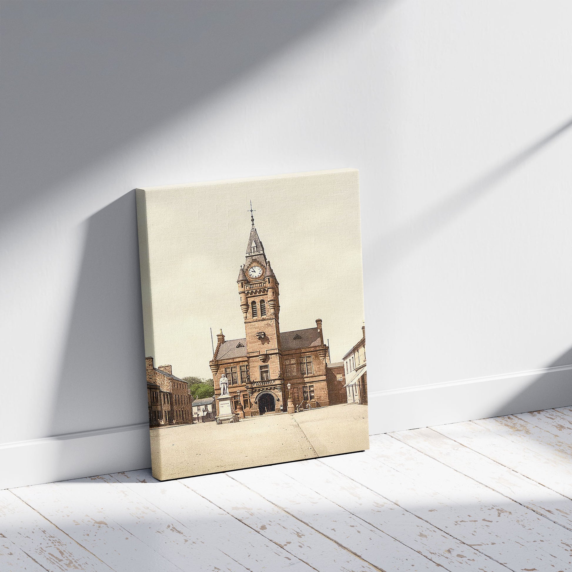 A picture of Town Hall, Annan, Scotland, a mockup of the print leaning against a wall