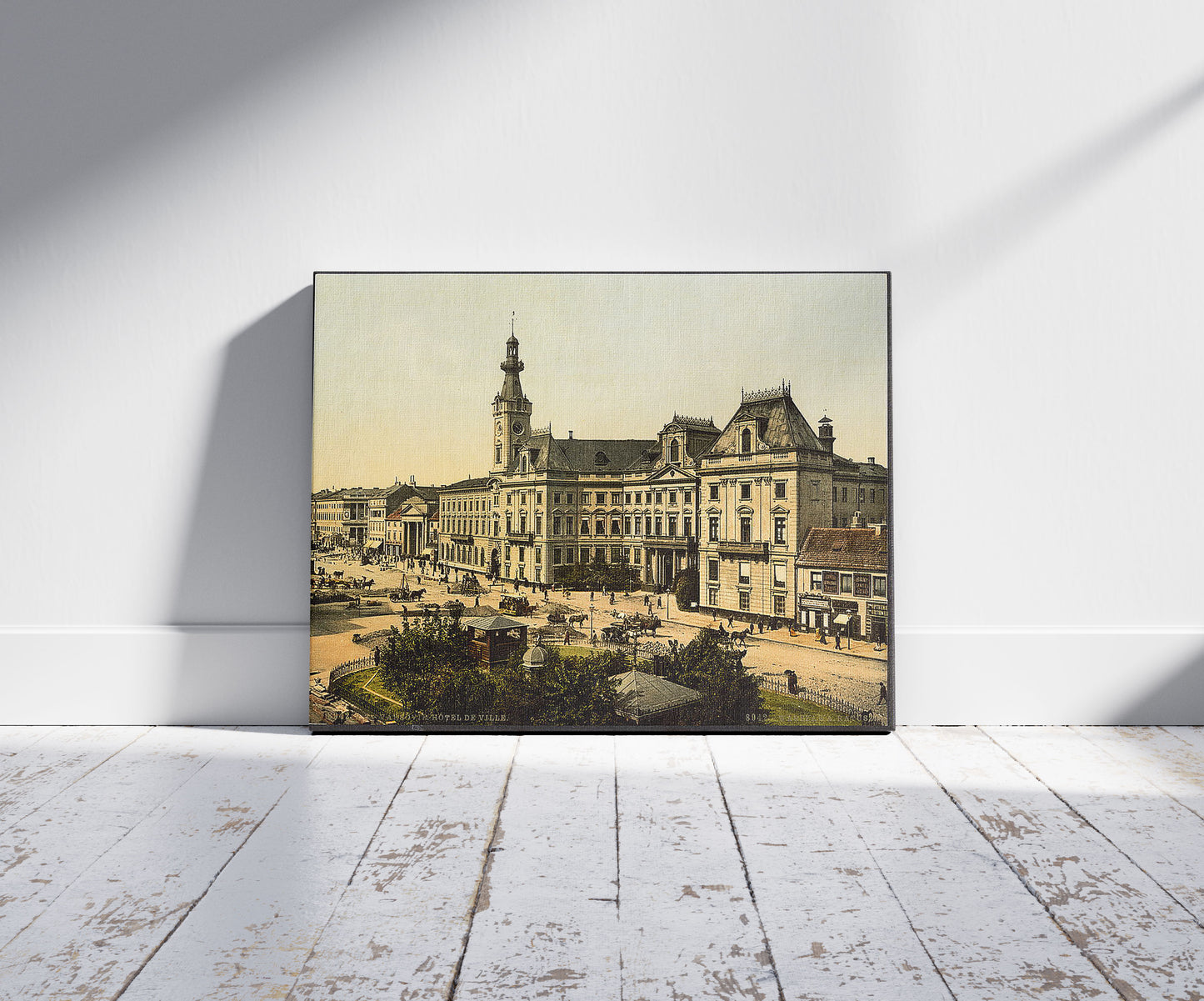 A picture of Town hall, Warsaw, Poland, a mockup of the print leaning against a wall