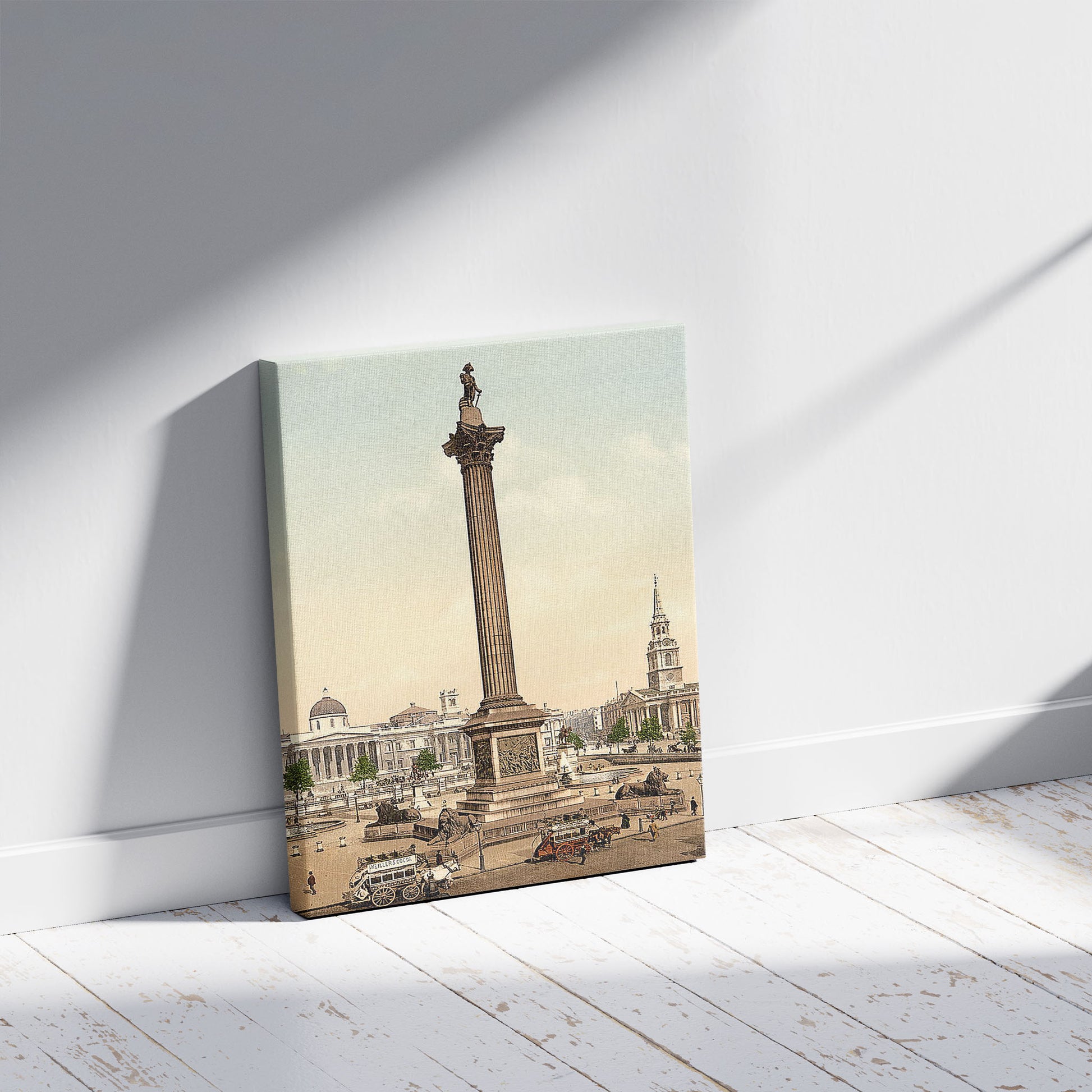 A picture of Trafalgar Square and National Gallery, London, England, a mockup of the print leaning against a wall