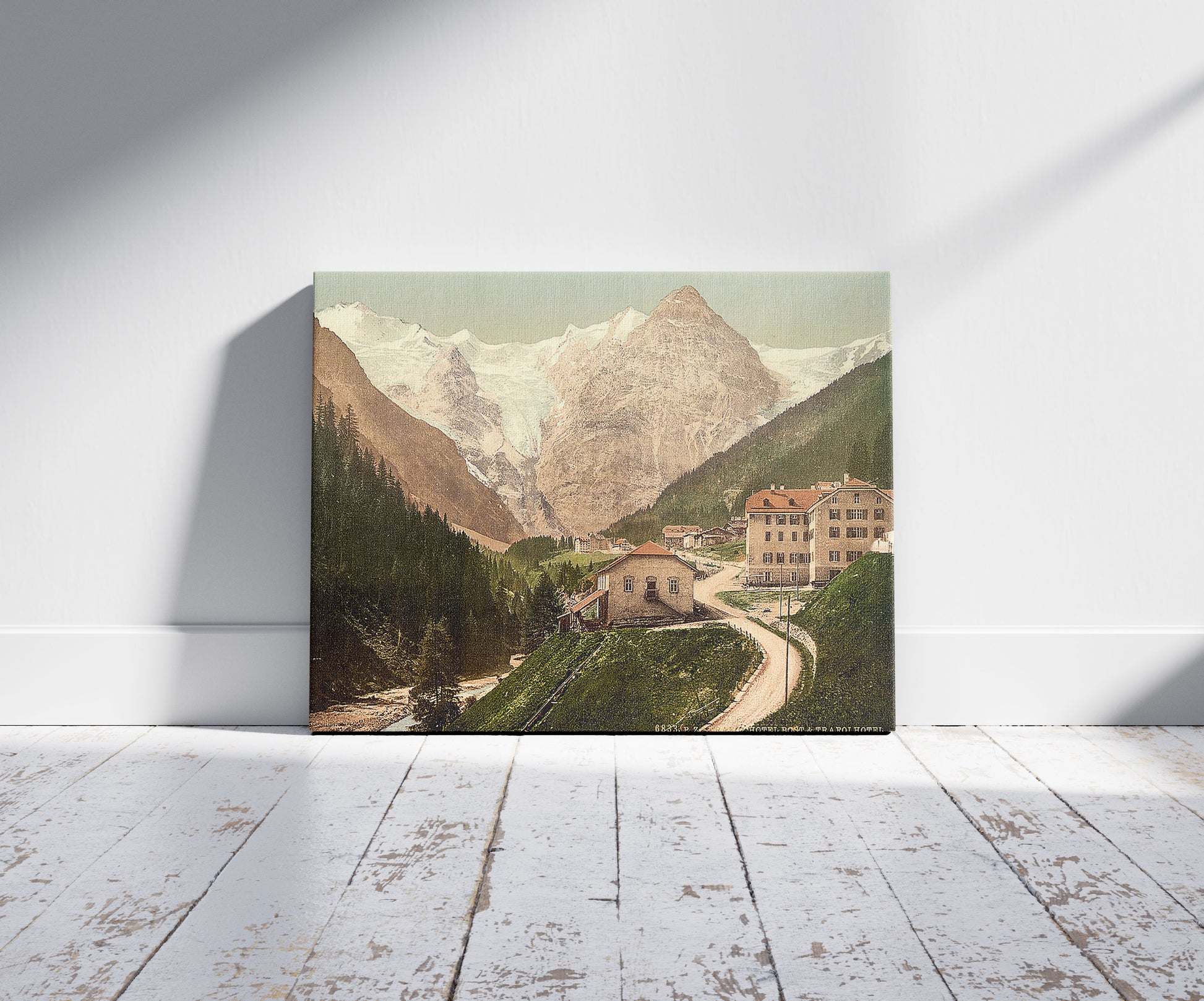 A picture of Trafoi Hotel and Post, Tyrol, Austro-Hungary, a mockup of the print leaning against a wall