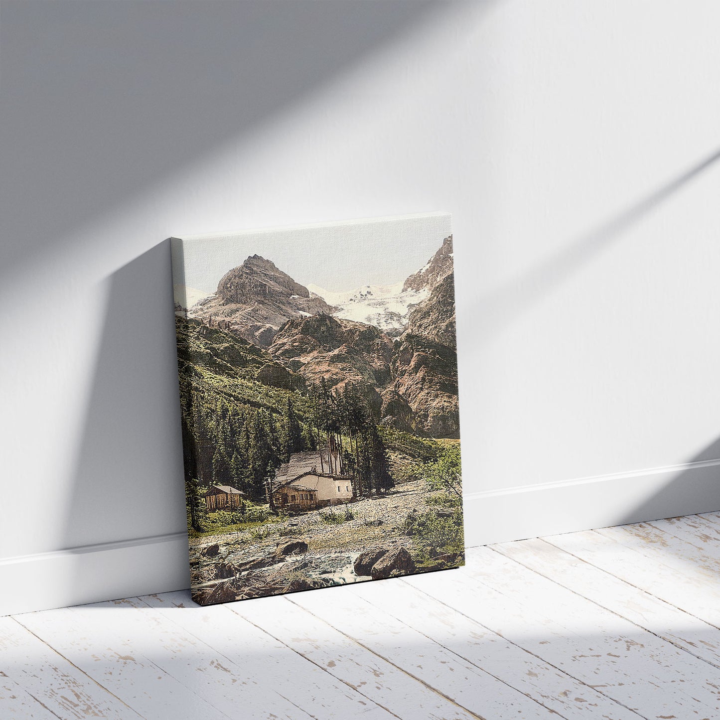 A picture of Trafoi, the three mineral water fountains (i.e., Heilige Drei Brunnen), Tyrol, Austro-Hungary, a mockup of the print leaning against a wall