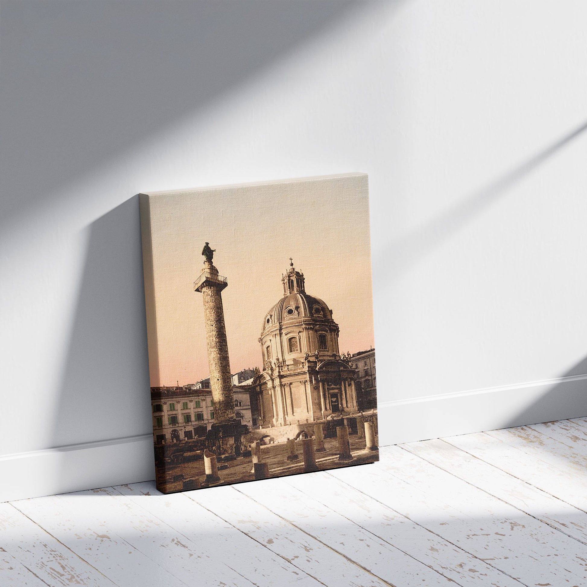 A picture of Trajan's Pillar, Rome, Italy, a mockup of the print leaning against a wall