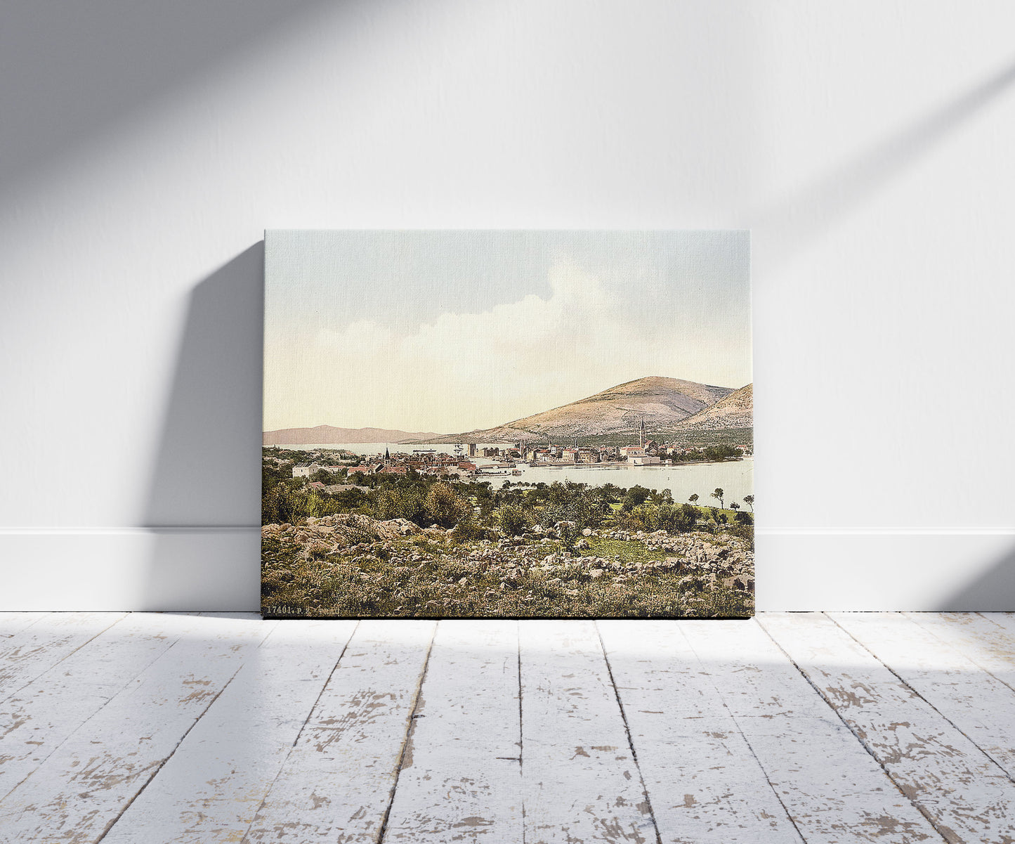 A picture of Traû, general view, Dalmatia, Austro-Hungary, a mockup of the print leaning against a wall