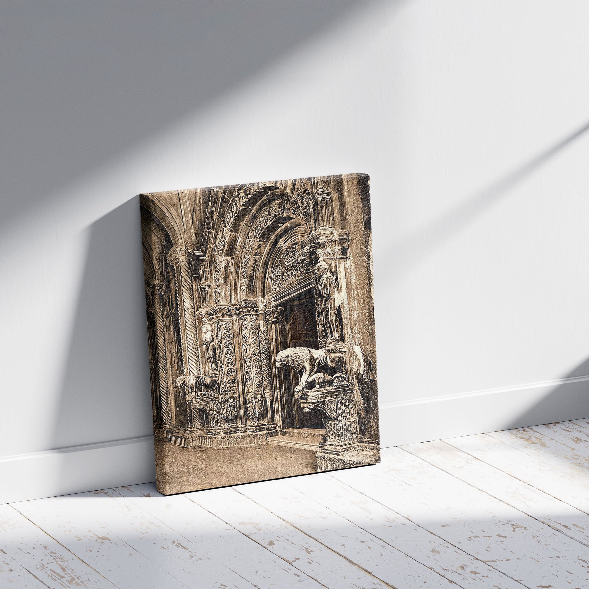 A picture of Traû, vestibule of the cathedral, Dalmatia, Austro-Hungary, a mockup of the print leaning against a wall