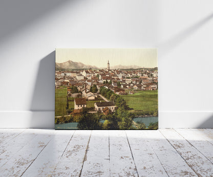 A picture of Traunstein, general view, Upper Bavaria, Germany, a mockup of the print leaning against a wall