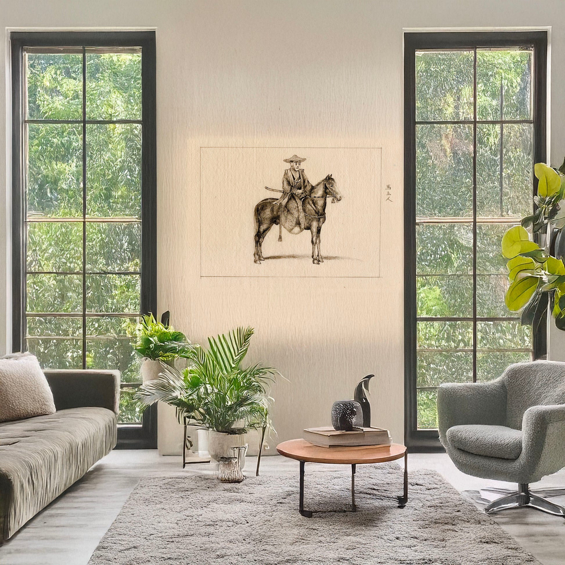 A picture of Traveling on horseback, a mockup of the print leaning against a wall