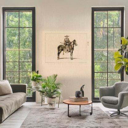 A picture of Traveling on horseback, a mockup of the print leaning against a wall