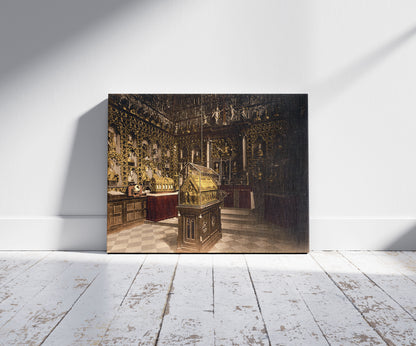 A picture of Treasury of St. Ursula, Cologne, the Rhine, Germany, a mockup of the print leaning against a wall
