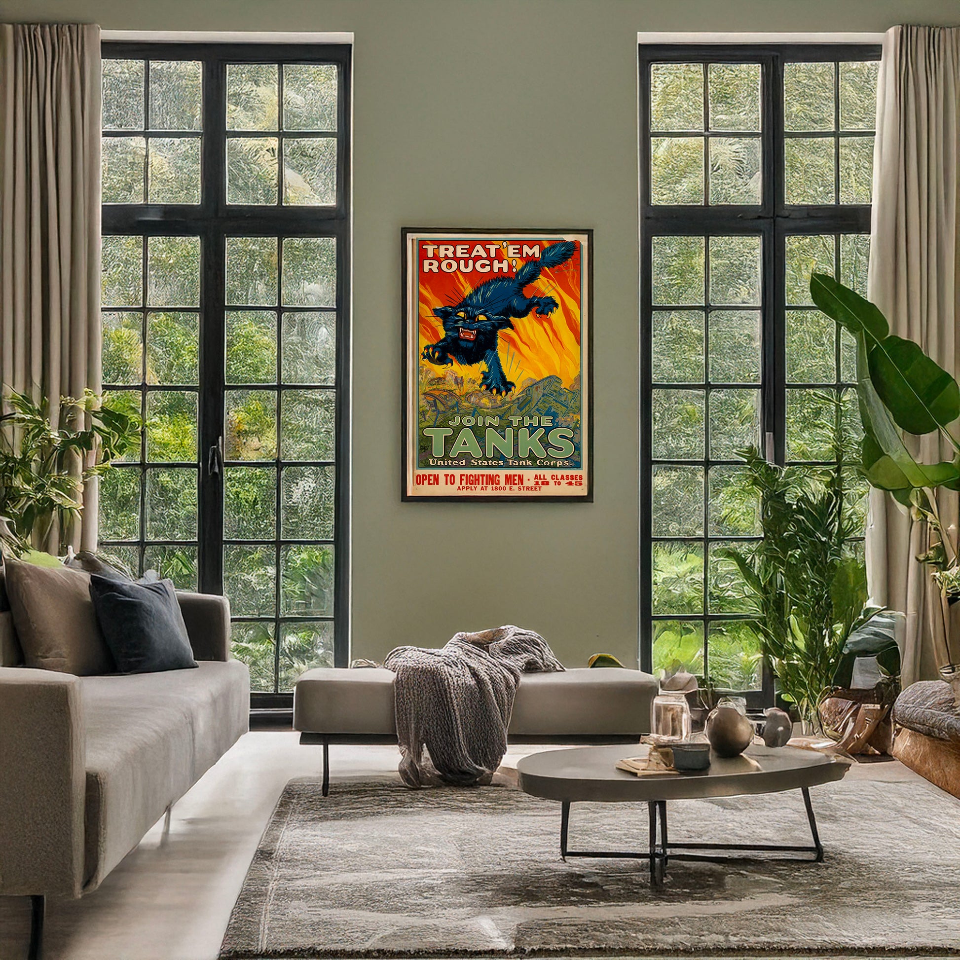 A picture of Treat 'em rough - Join the tanks United States Tank Corps /, a mockup of the print leaning against a wall