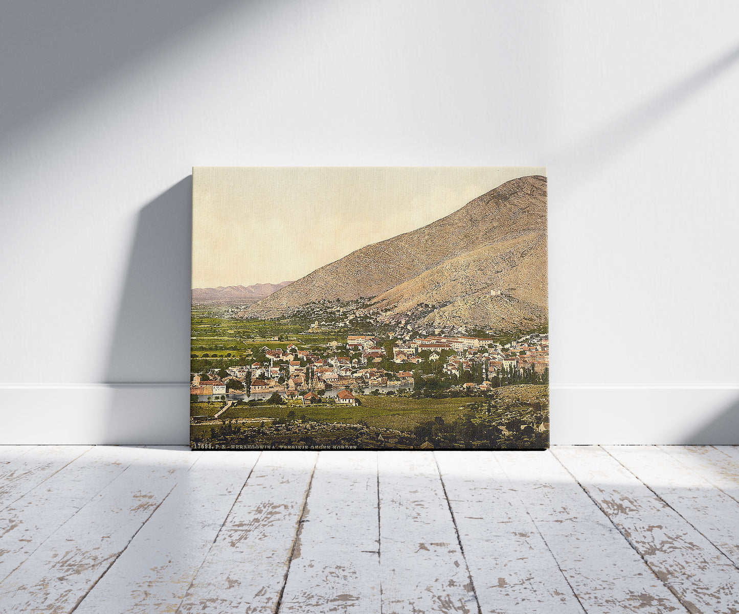 A picture of Trebinjica, general view, Herzegowina, Austro-Hungary, a mockup of the print leaning against a wall