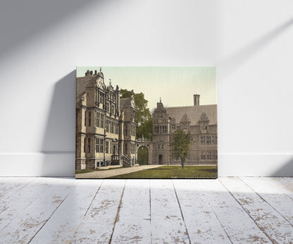 A picture of Trinity College, Oxford, England, a mockup of the print leaning against a wall