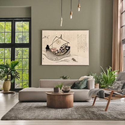 A picture of Tsuru kame to takarabune, a mockup of the print leaning against a wall