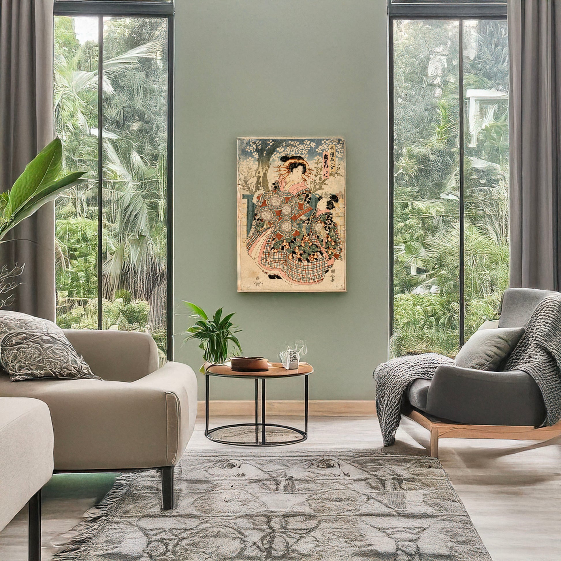 A picture of Tsuruya uchi kashiku, a mockup of the print leaning against a wall