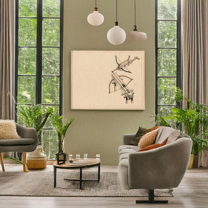 A picture of Two crossbow designs, a mockup of the print leaning against a wall