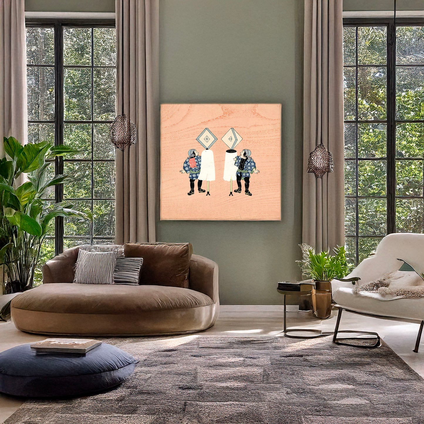 A picture of Two firemen holding the standards of their companies, a mockup of the print leaning against a wall