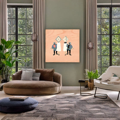 A picture of Two firemen holding the standards of their companies, a mockup of the print leaning against a wall