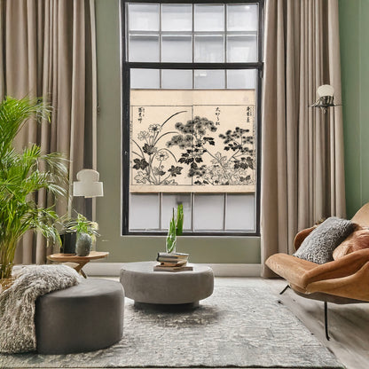 A picture of Two kinds of pine needle flowers and a kind of anemone, a mockup of the print leaning against a wall