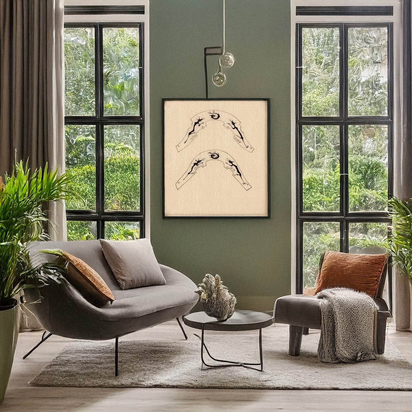 A picture of Two lacquerware designs, a mockup of the print leaning against a wall