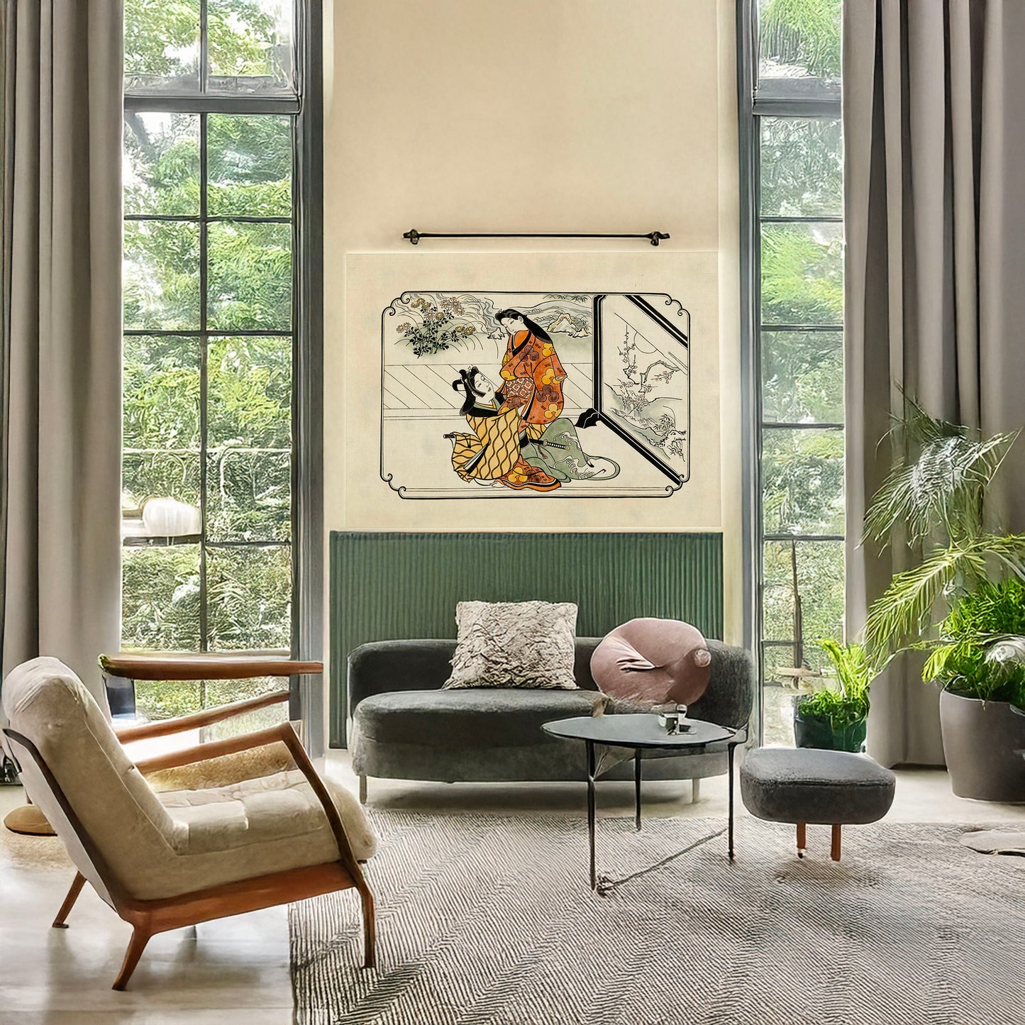 A picture of Two lovers embracing in front of a painted screen, a mockup of the print leaning against a wall