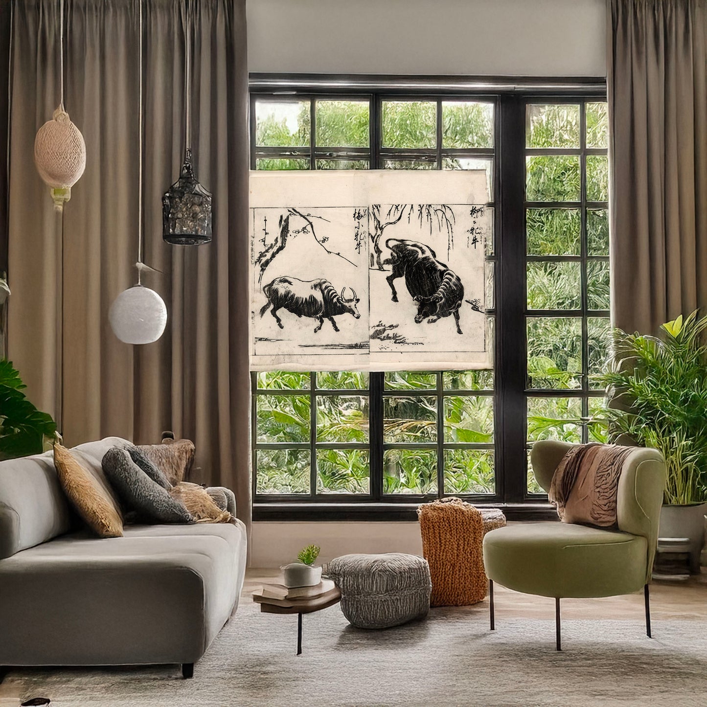 A picture of Two oxen, one under a willow tree and one under a plum tree, a mockup of the print leaning against a wall