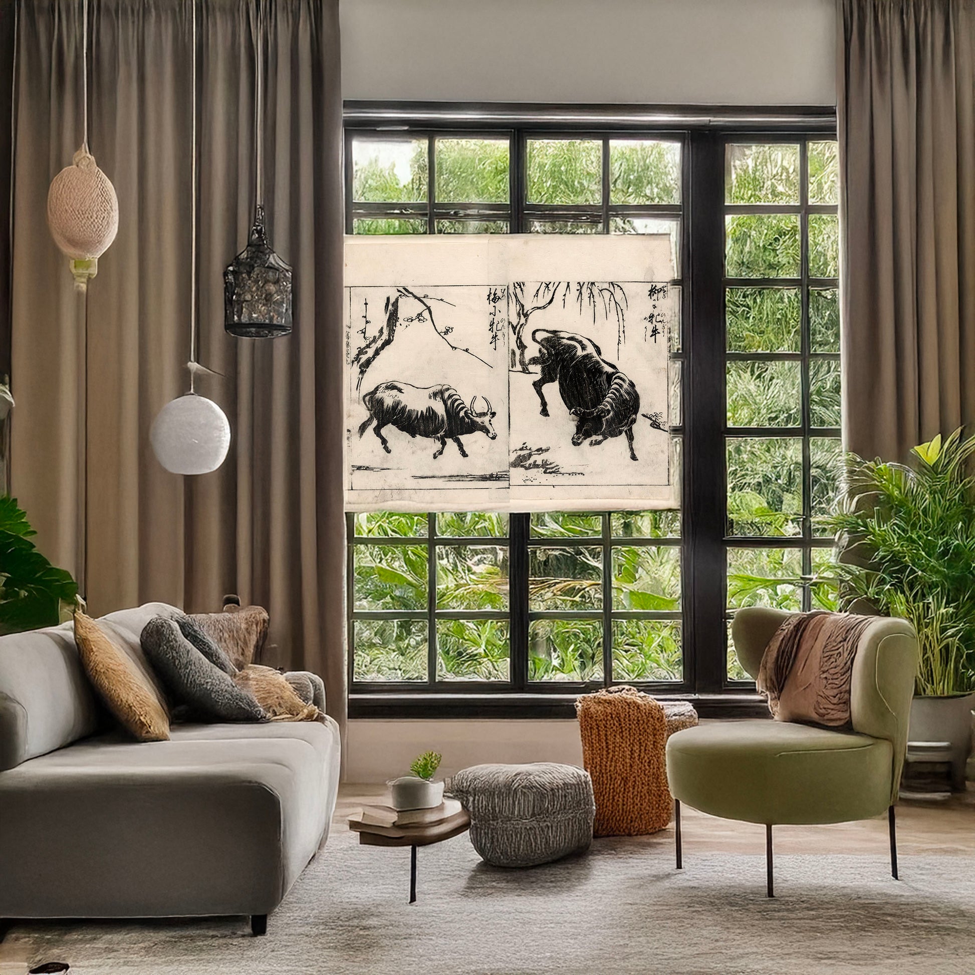 A picture of Two oxen, one under a willow tree and one under a plum tree, a mockup of the print leaning against a wall