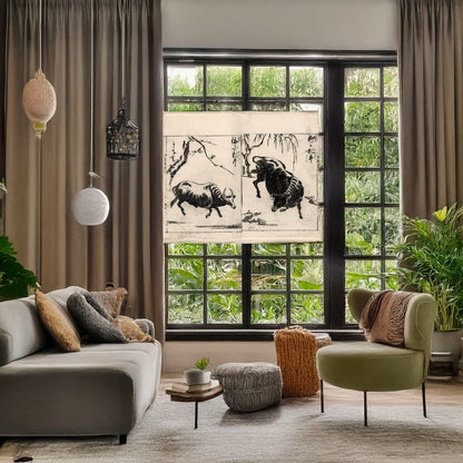 A picture of Two oxen, one under a willow tree and one under a plum tree, a mockup of the print leaning against a wall