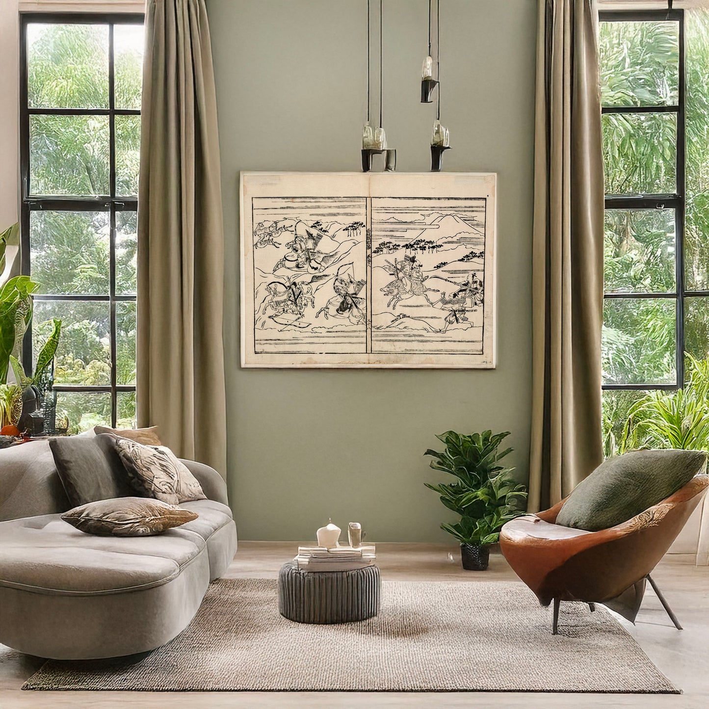 A picture of Two scenes related to the Soga family, a mockup of the print leaning against a wall