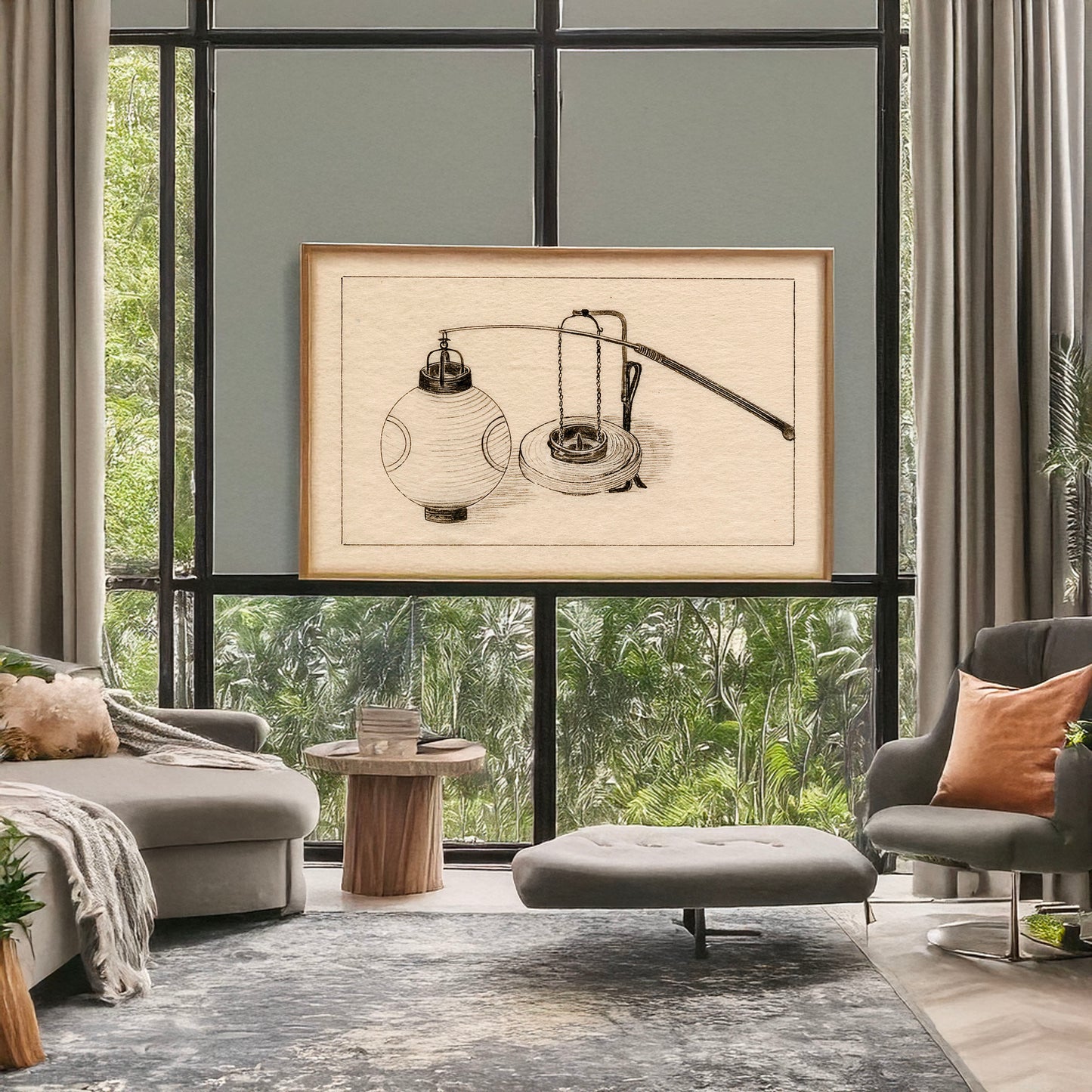 A picture of Two views of a paper lantern, full and with the paper collapsed, a mockup of the print leaning against a wall