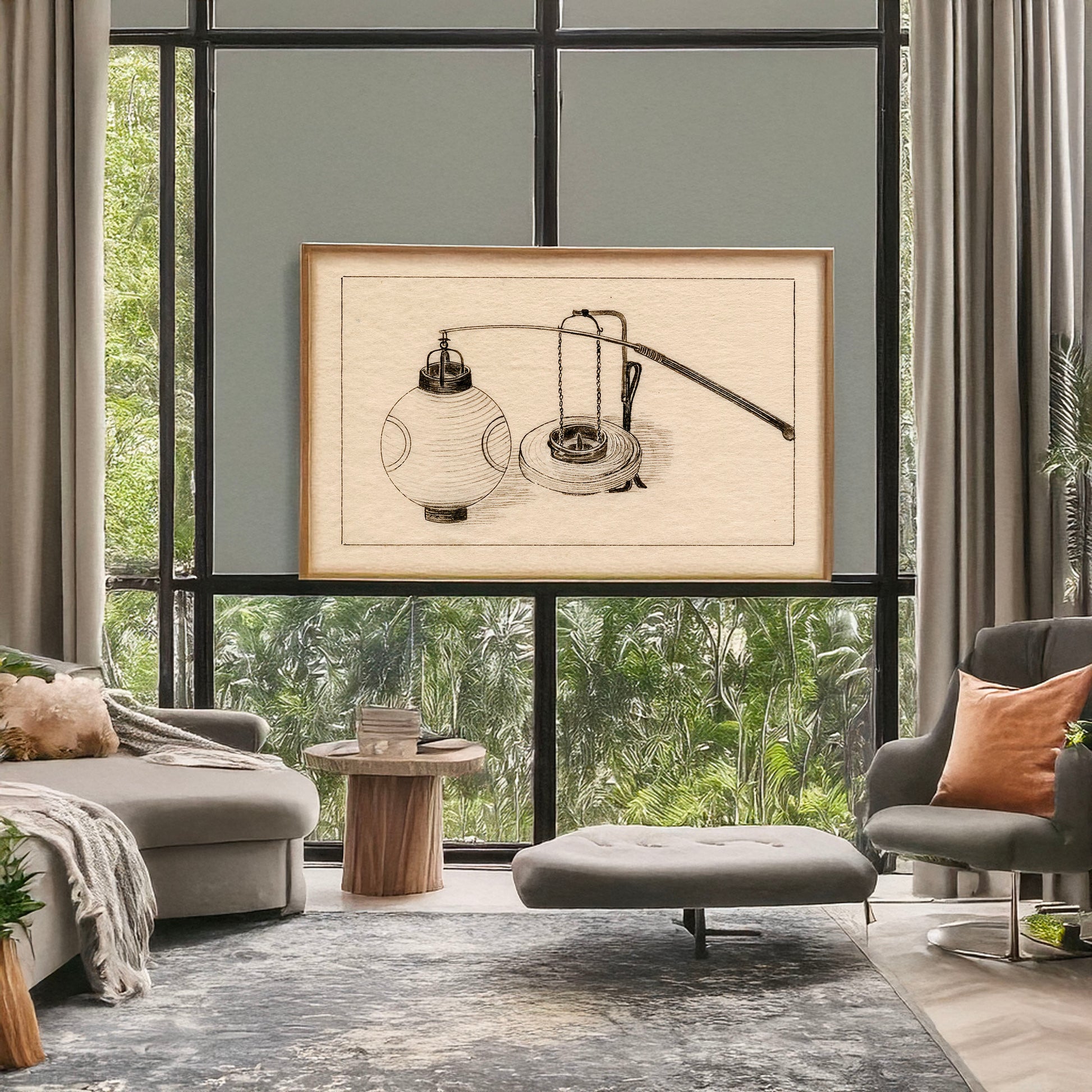 A picture of Two views of a paper lantern, full and with the paper collapsed, a mockup of the print leaning against a wall
