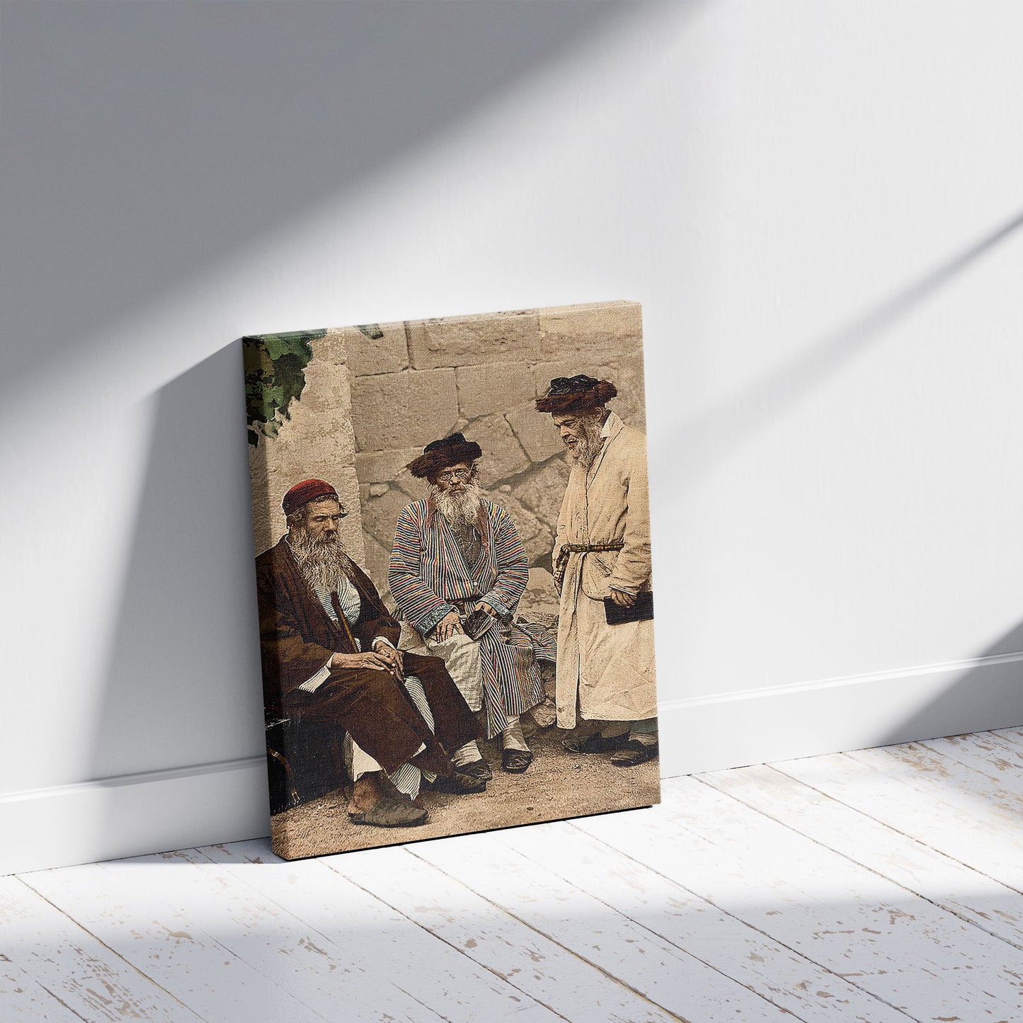 A picture of Types of Jews in Jerusalem, Holy Land, a mockup of the print leaning against a wall